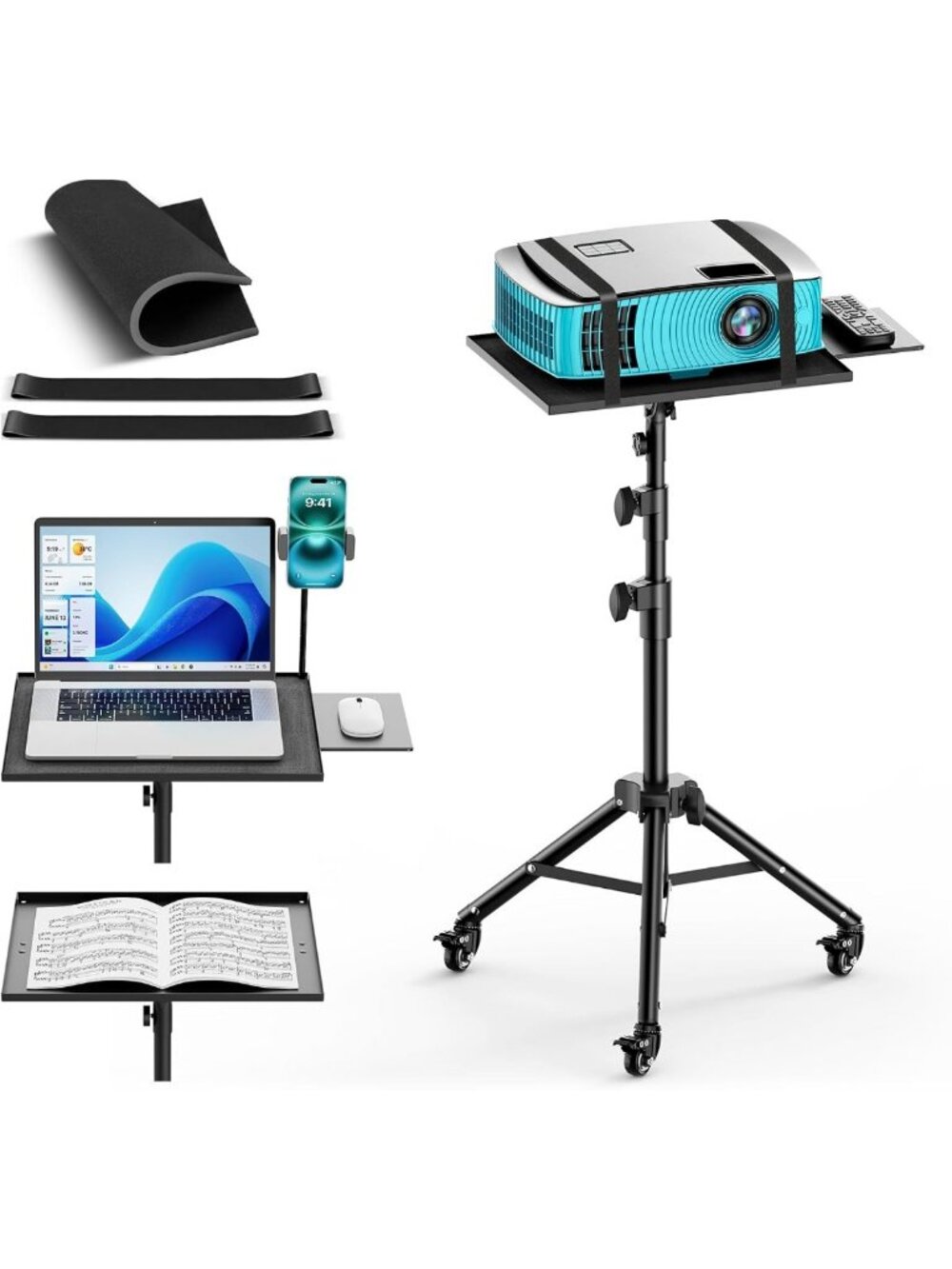 Adjustable Projector Stand with Wheels, Laptop Tripod & Mouse Tray, 29"-69